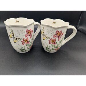 Set Of 2 Lenox Butterfly Meadow Mugs 12 Oz With Floral & Insect Design